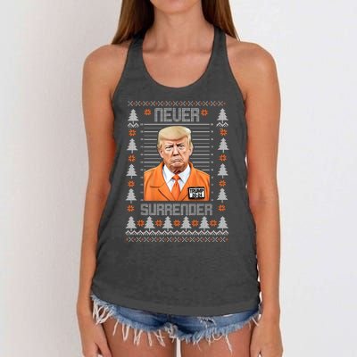 Trump Mugshot Never Surrender Ugly Christmas Women's Knotted Racerback Tank