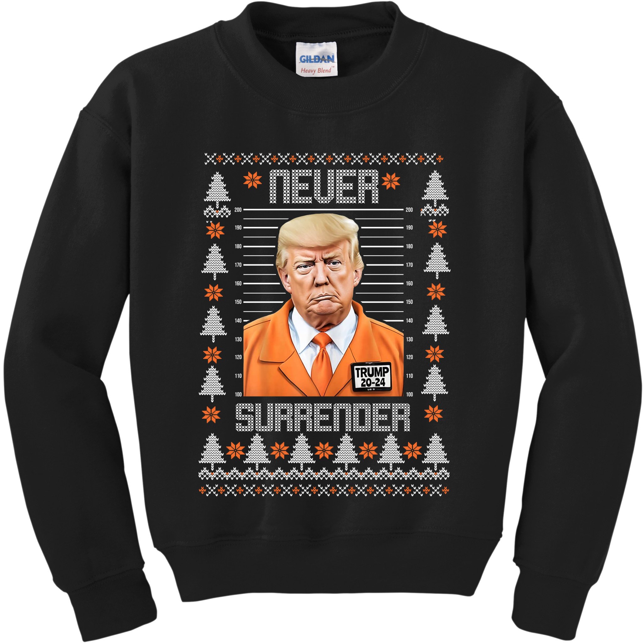 Trump Mugshot Never Surrender Ugly Christmas Kids Sweatshirt