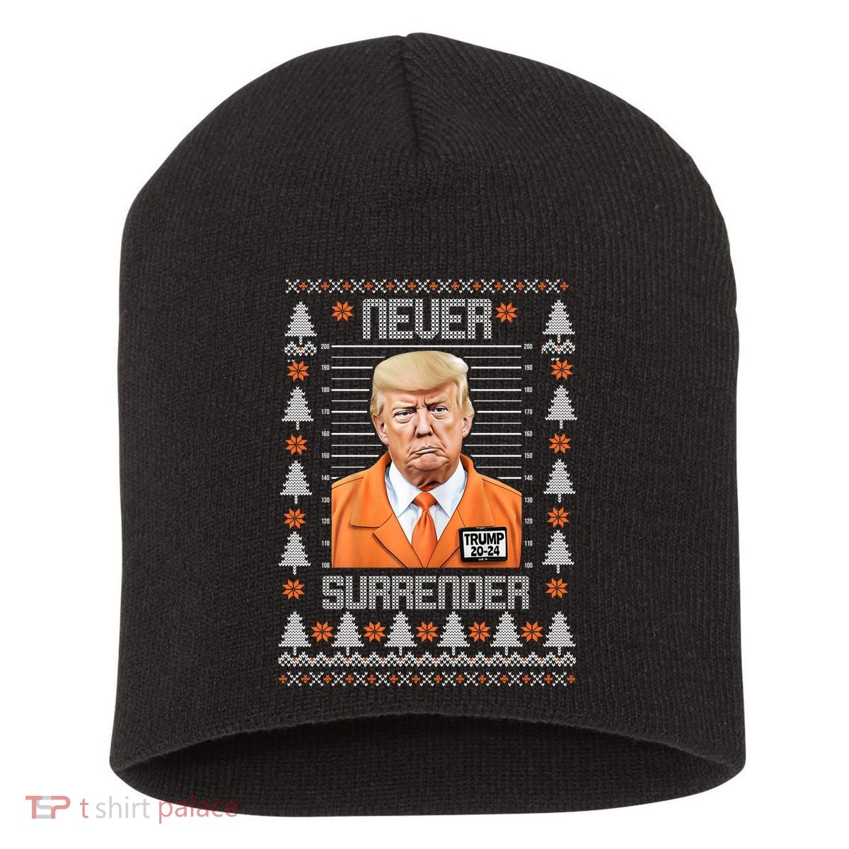 Trump Mugshot Never Surrender Ugly Christmas Short Acrylic Beanie