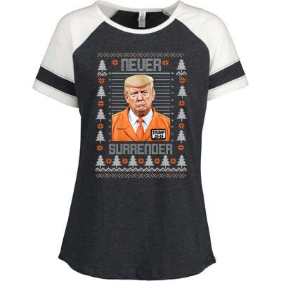 Trump Mugshot Never Surrender Ugly Christmas Enza Ladies Jersey Colorblock Tee