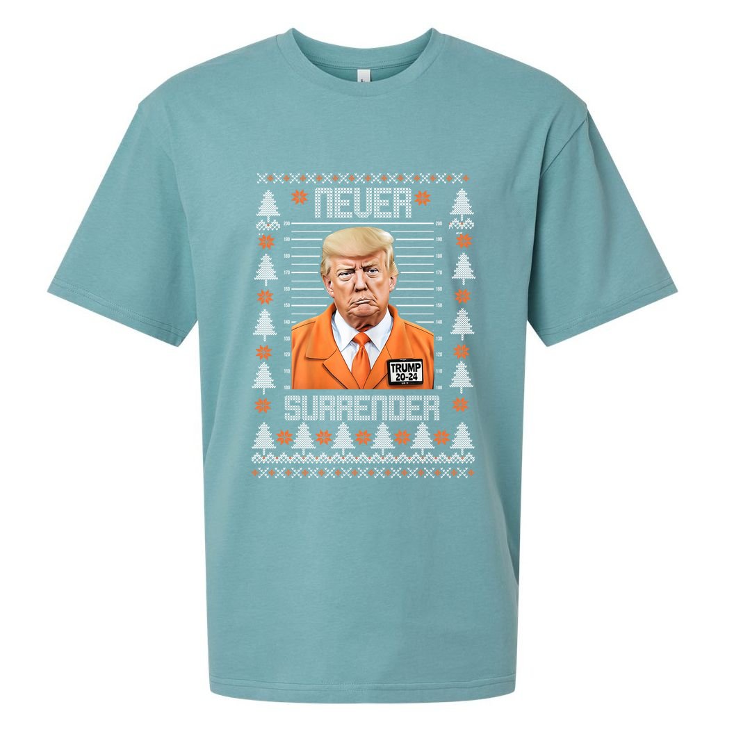 Trump Mugshot Never Surrender Ugly Christmas Sueded Cloud Jersey T-Shirt