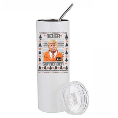 Trump Mugshot Never Surrender Ugly Christmas Stainless Steel Tumbler