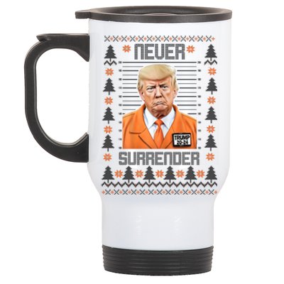 Trump Mugshot Never Surrender Ugly Christmas Stainless Steel Travel Mug