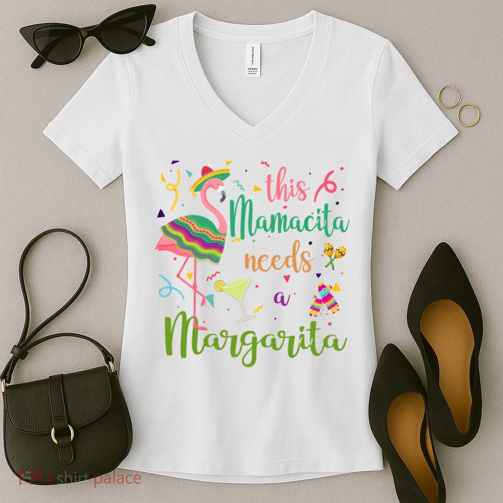 This Mamacita Needs A Margarita Fiesta Flamingo Women's V-Neck T-Shirt