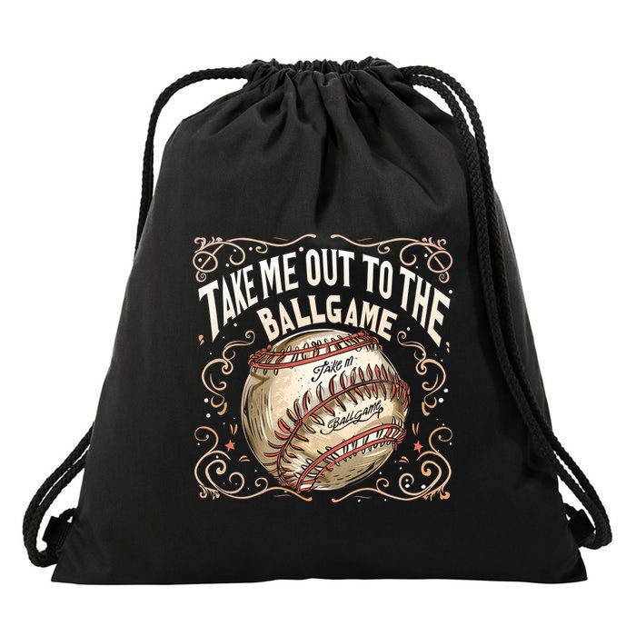 Take Me Out To The Ball Game Baseball Retro Drawstring Bag