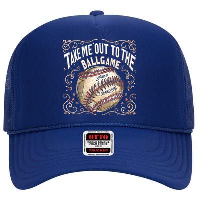 Take Me Out To The Ball Game Baseball Retro High Crown Mesh Back Trucker Hat