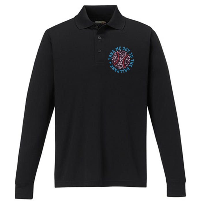 Take Me Out To The Ballpark Leopard Baseball Mom Retro Baseball Game Day Performance Long Sleeve Polo