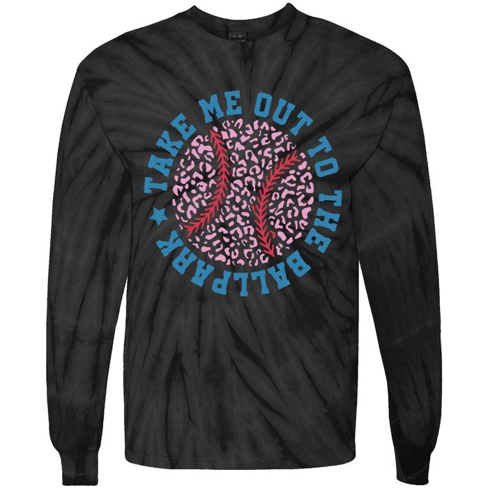 Take Me Out To The Ballpark Leopard Baseball Mom Retro Baseball Game Day Tie-Dye Long Sleeve Shirt