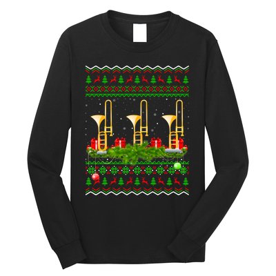 Trombone Music Player Xmas Gift Ugly Trombone Christmas Long Sleeve Shirt