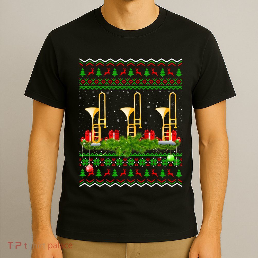Trombone Music Player Xmas Gift Ugly Trombone Christmas T-Shirt