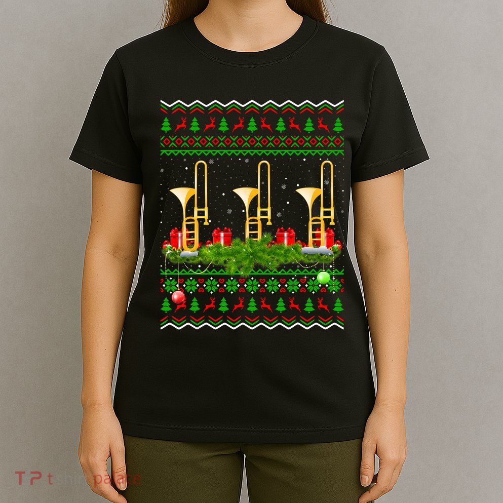 Trombone Music Player Xmas Gift Ugly Trombone Christmas T-Shirt