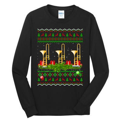 Trombone Music Player Xmas Gift Ugly Trombone Christmas Tall Long Sleeve T-Shirt