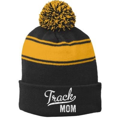 Track Mom Proud Track And Field Mom Gift Stripe Pom Pom Beanie