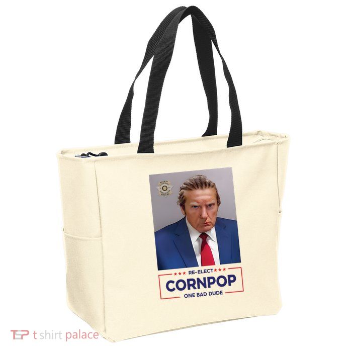 Trump Mugshot ReElect Cornpop One Bad Dude Zip Tote Bag