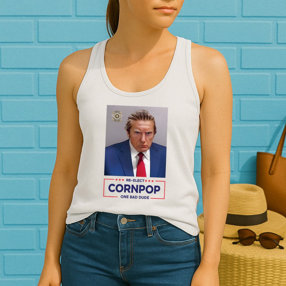 Trump Mugshot ReElect Cornpop One Bad Dude Womens Tank Top