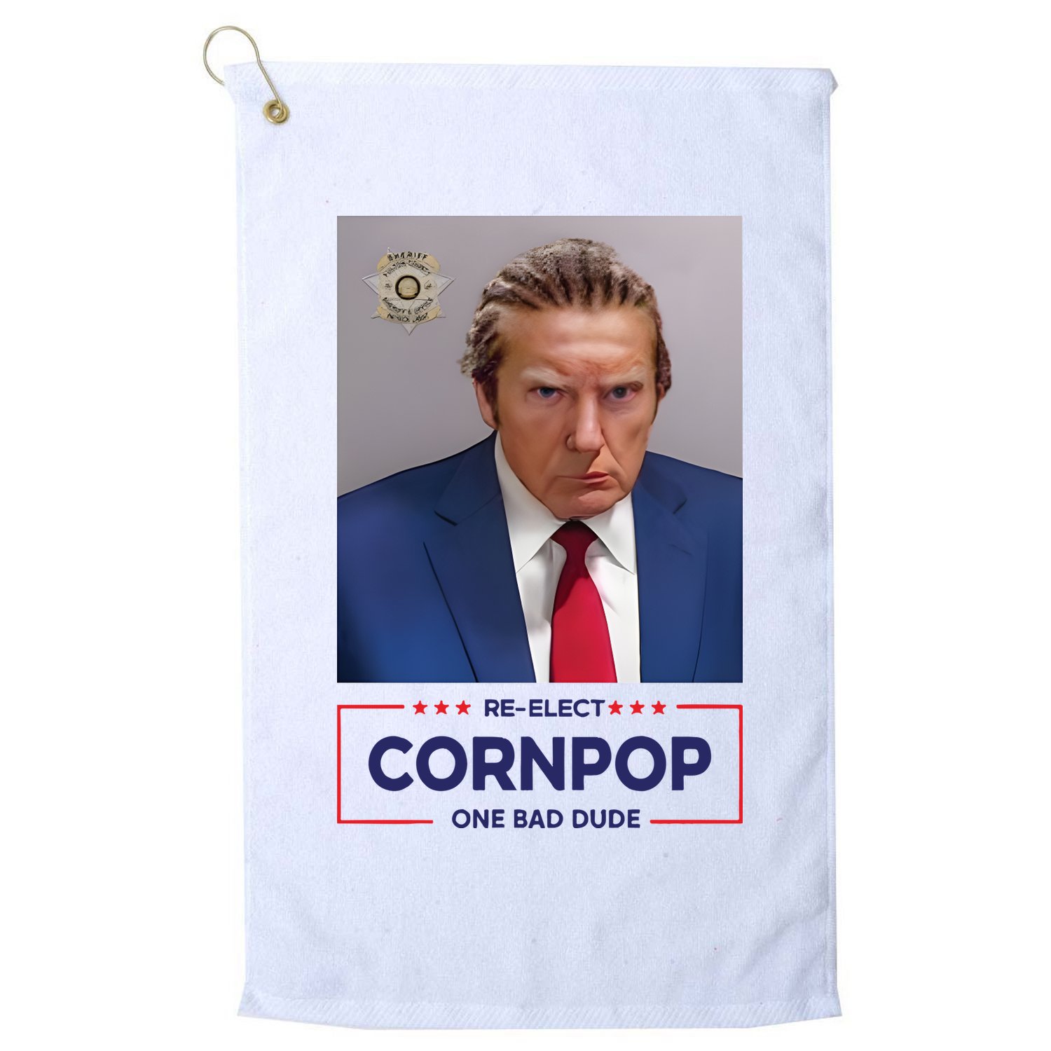 Trump Mugshot ReElect Cornpop One Bad Dude Golf Towel