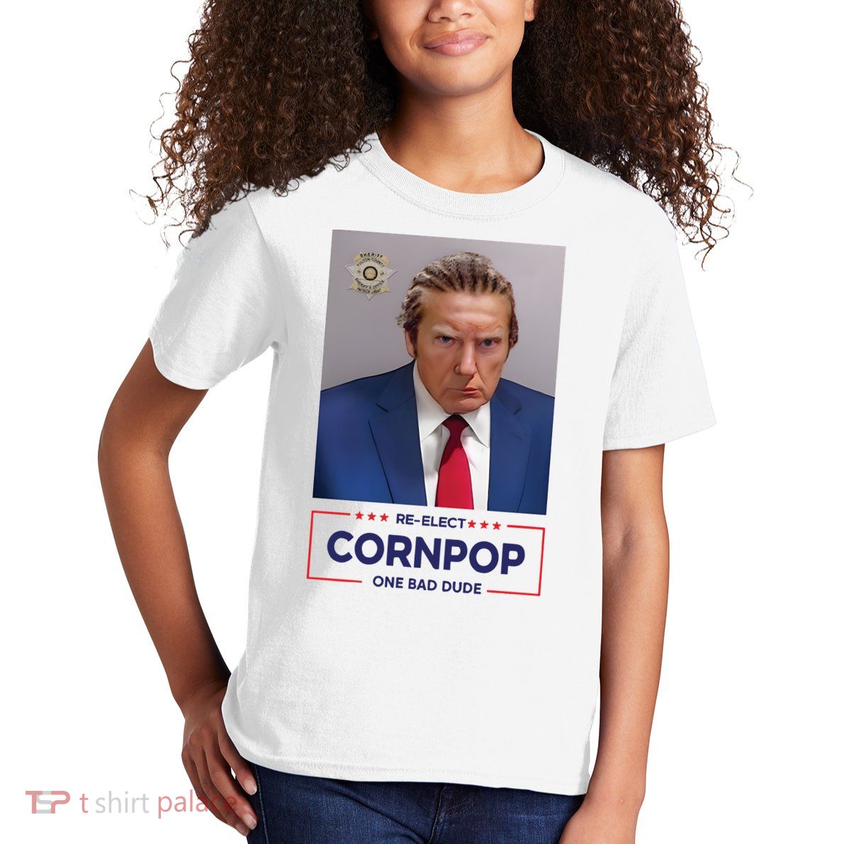 Trump Mugshot ReElect Cornpop One Bad Dude Kids T-Shirt