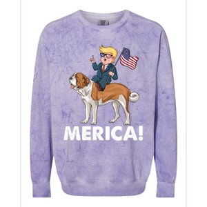 Trump Merica Riding A Saint Bernard Dog Patriotic 4th July Gift Colorblast Crewneck Sweatshirt