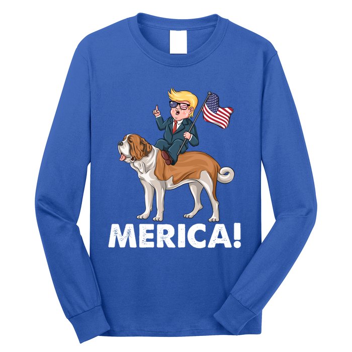 Trump Merica Riding A Saint Bernard Dog Patriotic 4th July Gift Long Sleeve Shirt