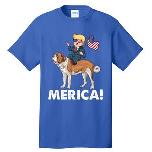 Trump Merica Riding A Saint Bernard Dog Patriotic 4th July Gift Tall T-Shirt