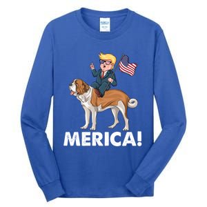 Trump Merica Riding A Saint Bernard Dog Patriotic 4th July Gift Tall Long Sleeve T-Shirt