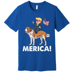 Trump Merica Riding A Saint Bernard Dog Patriotic 4th July Gift Premium T-Shirt