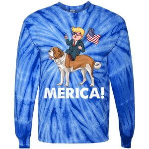 Trump Merica Riding A Saint Bernard Dog Patriotic 4th July Gift Tie-Dye Long Sleeve Shirt