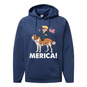 Trump Merica Riding A Saint Bernard Dog Patriotic 4th July Gift Performance Fleece Hoodie