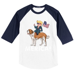 Trump Merica Riding A Saint Bernard Dog Patriotic 4th July Gift Baseball Sleeve Shirt