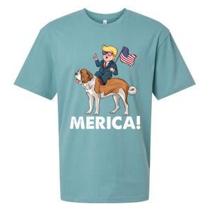 Trump Merica Riding A Saint Bernard Dog Patriotic 4th July Gift Sueded Cloud Jersey T-Shirt