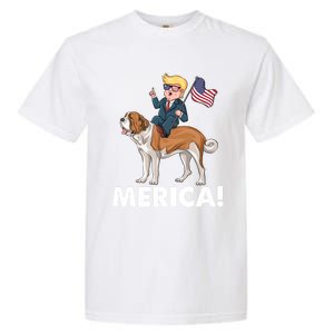 Trump Merica Riding A Saint Bernard Dog Patriotic 4th July Gift Garment-Dyed Heavyweight T-Shirt