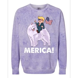 Trump Merica Riding A Samoyed Dog Patriotic 4th July Gift Colorblast Crewneck Sweatshirt