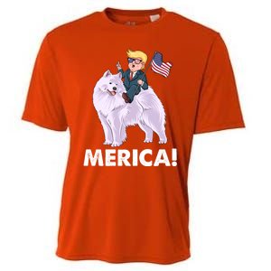 Trump Merica Riding A Samoyed Dog Patriotic 4th July Gift Cooling Performance Crew T-Shirt