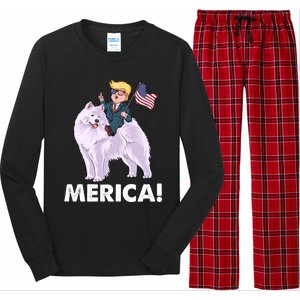 Trump Merica Riding A Samoyed Dog Patriotic 4th July Gift Long Sleeve Pajama Set