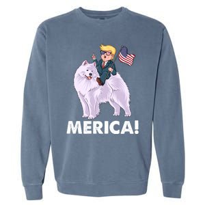 Trump Merica Riding A Samoyed Dog Patriotic 4th July Gift Garment-Dyed Sweatshirt