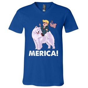 Trump Merica Riding A Samoyed Dog Patriotic 4th July Gift V-Neck T-Shirt