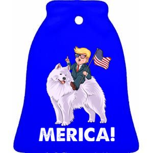 Trump Merica Riding A Samoyed Dog Patriotic 4th July Gift Ceramic Bell Ornament