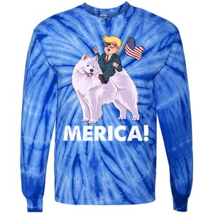 Trump Merica Riding A Samoyed Dog Patriotic 4th July Gift Tie-Dye Long Sleeve Shirt