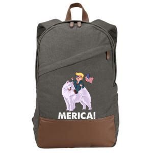 Trump Merica Riding A Samoyed Dog Patriotic 4th July Gift Cotton Canvas Backpack