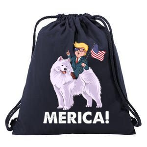 Trump Merica Riding A Samoyed Dog Patriotic 4th July Gift Drawstring Bag