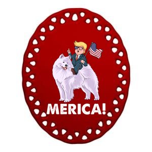 Trump Merica Riding A Samoyed Dog Patriotic 4th July Gift Ceramic Oval Ornament