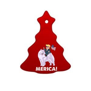 Trump Merica Riding A Samoyed Dog Patriotic 4th July Gift Ceramic Tree Ornament