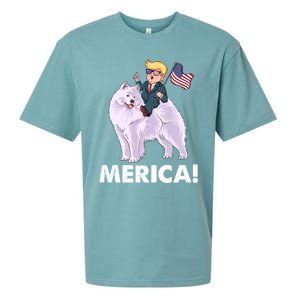 Trump Merica Riding A Samoyed Dog Patriotic 4th July Gift Sueded Cloud Jersey T-Shirt