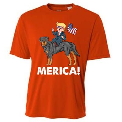 Trump Merica Riding A Rottweiler Dog Patriotic 4th July Great Gift Cooling Performance Crew T-Shirt