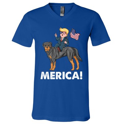 Trump Merica Riding A Rottweiler Dog Patriotic 4th July Great Gift V-Neck T-Shirt