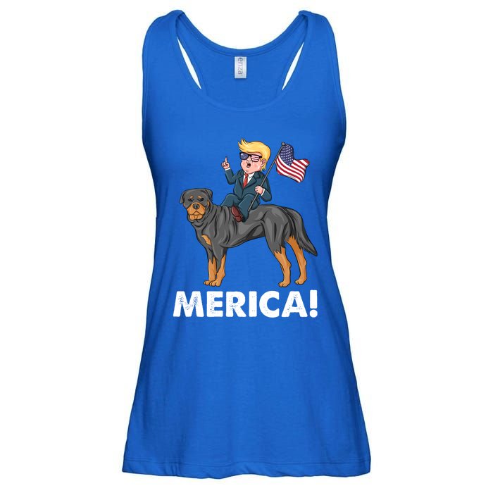 Trump Merica Riding A Rottweiler Dog Patriotic 4th July Great Gift Ladies Essential Flowy Tank