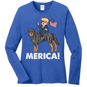 Trump Merica Riding A Rottweiler Dog Patriotic 4th July Great Gift Ladies Long Sleeve Shirt