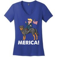 Trump Merica Riding A Rottweiler Dog Patriotic 4th July Great Gift Women's V-Neck T-Shirt