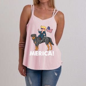 Trump Merica Riding A Rottweiler Dog Patriotic 4th July Great Gift Women's Strappy Tank