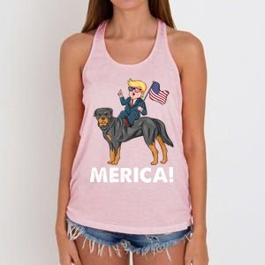 Trump Merica Riding A Rottweiler Dog Patriotic 4th July Great Gift Women's Knotted Racerback Tank